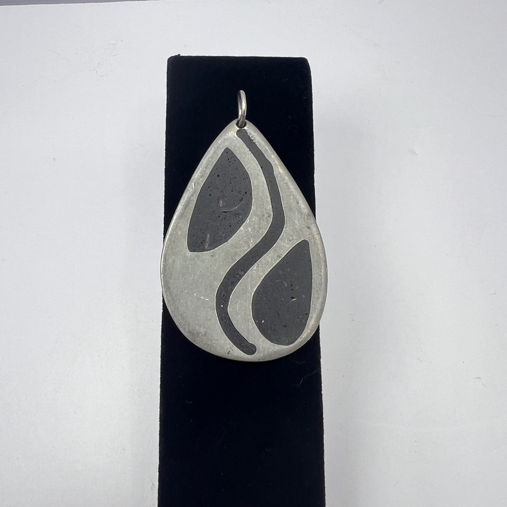 Vintage Pewter Teardrop Pendant Hand Forged Abstract Inlay Brutalist MCM Artisan